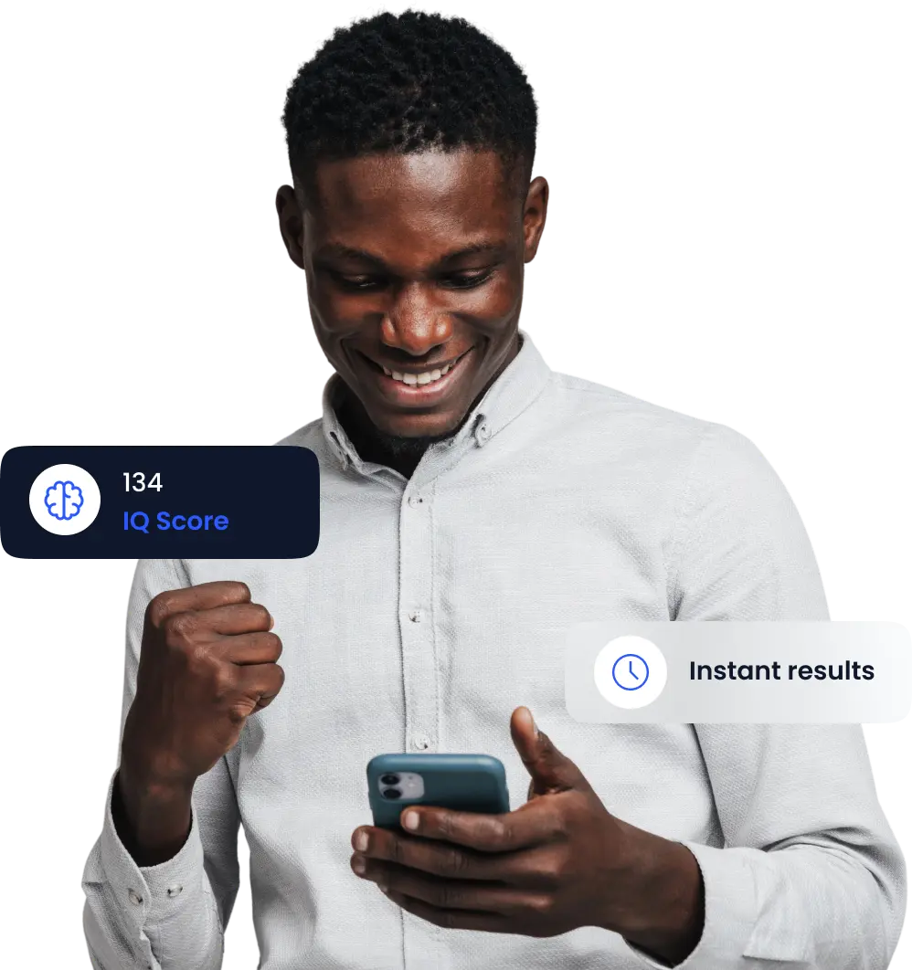 Smiling man holding a phone, celebrating an IQ level of 134 with instant test results